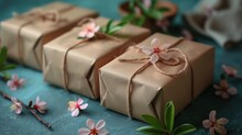 A Close Up Of Three Wrapped Presents On A Table With Flowers And A Ribbon On The Top Of One Of The Boxes.