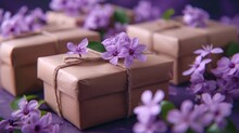 A Group Of Brown Boxes With Purple Flowers On Top Of Them And A String Of Twine Tied To The Top Of The Boxes.