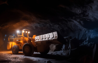 Poster - Coal mining in mine use Underground Mining Loader. Heavy machinery for Underground mining. Coal mining in mine. Underground Wheel Loader in mine. Wheel loader in Gold mine drilling.