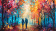 Delighted pair walking hand in hand through a colorful autumn forest


