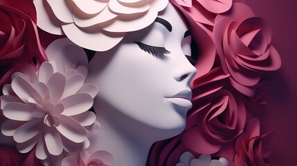 Wall Mural - Woman's face and floral style paper cut