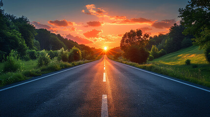 beautiful sun rising sky with asphalt highways road in rural scene use land transport and traveling background,backdrop