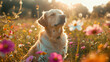 A dog sits on a beautiful flower field and sneezes while sniffing flowers, on the blurred colored background. The concept of allergy to pollen, animals, pets, dogs and cats, seasonal allergies.