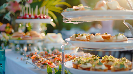 Wall Mural - Outdoor Wedding or elegant party buffet table with fruity, sweet and salty appetizer little cake and bites 