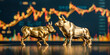 Bulls are back and ready to run on cryptocurrency market golden bull figures with stock graph background
