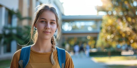 Poster - portrait of an university student at the campus young woman