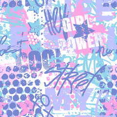 Aufkleber - Abstract seamless chaotic pattern with urban elements, graffiti words. Grunge texture background. Wallpaper cool teen style