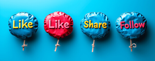 Poster - Engagement concept with Like, Share, Follow speech bubbles pinned on a string against a soft blue background, representing social media interaction and online community engagement