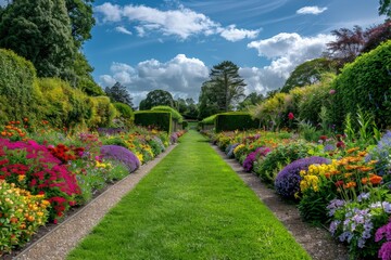 Canvas Print - A long, narrow path is lined with colorful flowers and bushes