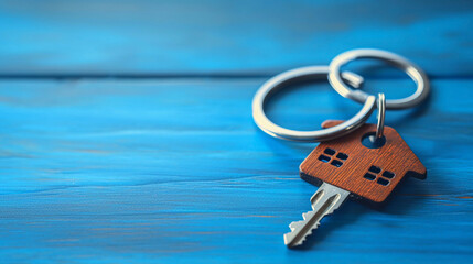 A metal key in the shape of a wooden house resting on a blue surface. The key to a new home, security and comfort await you in the house of your dreams