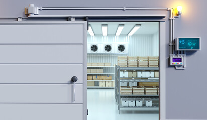 Industrial refrigeration chamber. Gate refrigerated storage. Refrigerator at pharmaceutical factory. Refrigerator with boxes on shelves. Refrigerated warehouse for pharmaceutical industry. 3d image