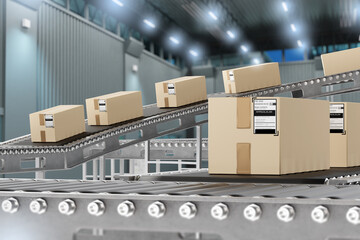 Poster - Conveyor line with boxes. Automated production. Conveyor with parcels in building. Production line without people. Line for delivering goods to warehouse. Using conveyor to automate factory. 3d image
