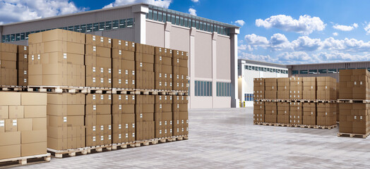 Poster - industrial zone. boxes near factory building. pallets with parcels in open air. industrial zone in s