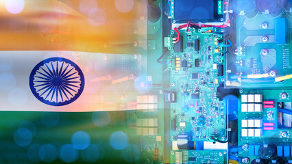 Poster - Computer board with India flag. Electronic plan. PCB equipment. Manufacturing of microprocessors in India. Manufacturing of PCB boards. Computer boards close-up. Microelectronics from New Delhi
