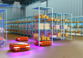 Poster - Robotic warehouse. AMR work in storage. Robots move warehouse racks. Robotic storage area. AMR for fulfillment. Industrial robots for warehouses. Automated guided vehicles. 3d image