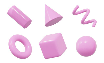 Aufkleber - 3d set pink geometric shape: square, cylinder, sphere, torus,  cone, spiral. Plastic simple figures with grid for your design. Stock vector illustration on isolated background.