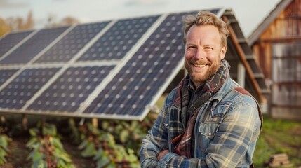 Smiling modern german farmer with solar energy. Green Innovation. 