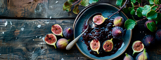 Wall Mural - Fig jam on the table. Selective focus.