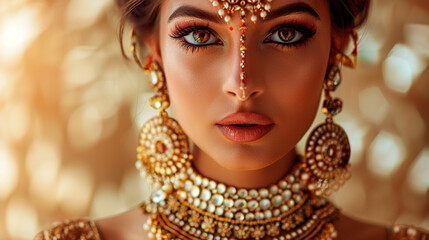 Wall Mural - Portrait of a beautiful Indian woman wearing jewelry. Selective focus.