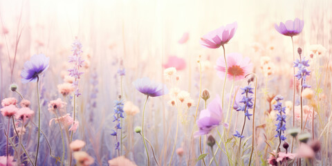 Poster - Blooming Floral Beauty in a Sunny Meadow: Colorful Closeup of Pink Cosmos Flowers, a Fresh and Pretty Display of Nature's Design on a Green Background