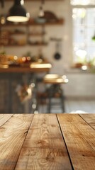 Wall Mural - Empty wooden table and blurred background of modern kitchen. Ready for product display montage