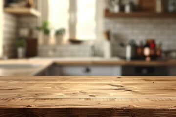 Wall Mural - Empty wooden table and blurred kitchen interior background, product display montage