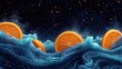  a group of oranges floating on top of a body of water with splashes of water around them and a star filled sky in the back ground behind them.