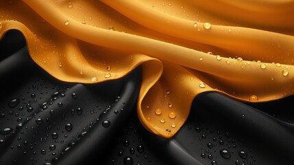  a close up of a black and yellow fabric with drops of water on the fabric and the fabric has a black and yellow design on the side of the fabric.