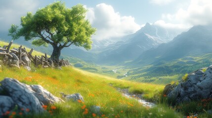 Wall Mural -  a painting of a grassy field with a tree in the foreground and a mountain range in the background, with a stream running through the grass to the foreground.