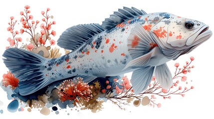Wall Mural -  a painting of a fish with corals and seaweed on the bottom and bottom of the image on the top of the bottom of the image is a white background.