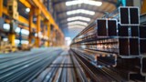 Fototapeta Krajobraz - Blurred image of steel rods and metallic profiles stored in a large industrial warehouse with selective focus.