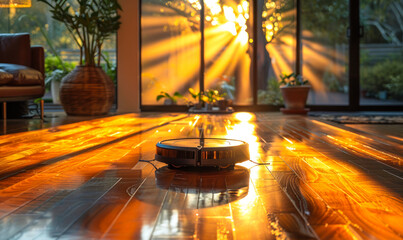 Poster - Autonomous robotic vacuum cleaner on polished wooden floor efficiently cleaning household surfaces in a modern home interior with warm sunlight streaming in