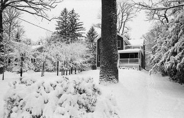 Wall Mural - suburban house and driveway covered with snow after the snow storm in late winter in black and white