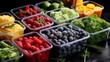Various  products : vegetables, berries, fruits in a food container. Blueberry, kiwi, raspberry, broccoli