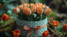  A Bouquet Of Orange And White Tulips In A Polka Dot Vase With A Bow On A Mossy Surface With Red And White Polka Dots And Orange Tulips.