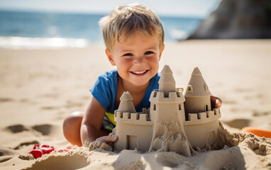 Sand castle on the sunny beath with three years old boy on the background. Child playing with sand on the beach