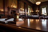 Fototapeta  - Serious judges gavel and legal book on wooden table in courtroom setting, legal concept
