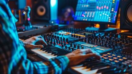 Close-up of a music producer's hands mixing tracks on a professional audio mixer in a vibrant recording studio.