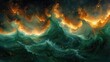  a painting of an ocean wave with a lot of orange and yellow flames coming out of the top of the wave and the bottom of the wave is dark blue.