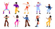 © Flash Vector - People dance on disco party set. Male and female characters dancing to music in 1970s and 1980s style, collection of happy dancers in retro clothes and with tape recorder cartoon vector illustration