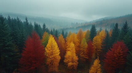  a forest filled with lots of tall trees next to a forest filled with lots of green and yellow trees next to a forest filled with lots of red and yellow trees.