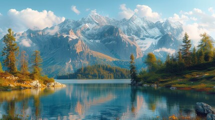 Wall Mural -  a painting of a mountain range with a lake in the foreground and pine trees in the foreground, and a blue sky with white clouds in the background.