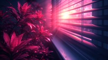  a close up of a window sill with a plant in the foreground and a bright light coming from the window behind the blinds on the outside of the window.