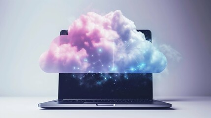 Poster - Futuristic Cloud Computing Concept on Laptop. Generative ai
