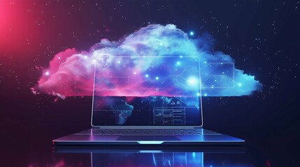 Poster - Futuristic Cloud Computing Concept on Laptop. Generative ai