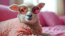  A Close Up Of A Sheep With Sunglasses On It's Head And A Pink Blanket On A Pink Couch With A Window Behind It And A Pink Couch In The Background.