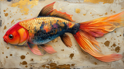 Wall Mural -  a painting of a goldfish on a piece of paper with paint splattered on the bottom half of the fish's body and bottom half of its body.
