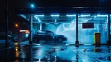 Fototapeta Krajobraz - A solitary car undergoing a cleansing process in an automated car wash station, illuminated by neon lights on a wet, rainy night.