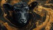  a close up of a black cow's face with gold swirls on it's face and a black cow's head in the middle of the picture.
