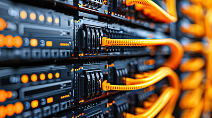 Poster - Computer networking and connectivity, showcasing the intricate setup of cables and switches in a server environment